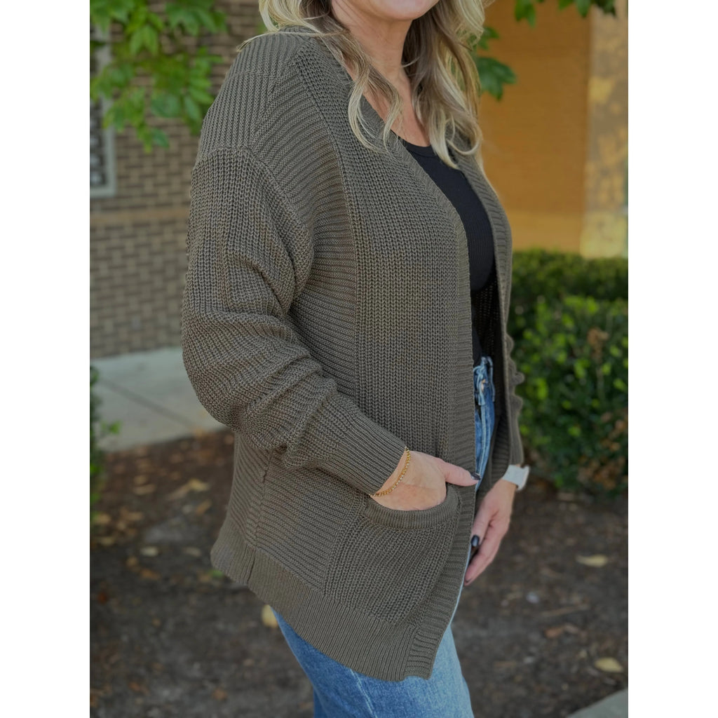 Grace and Lace Slouchy Knit Pocket Cardigan - Deep Olive