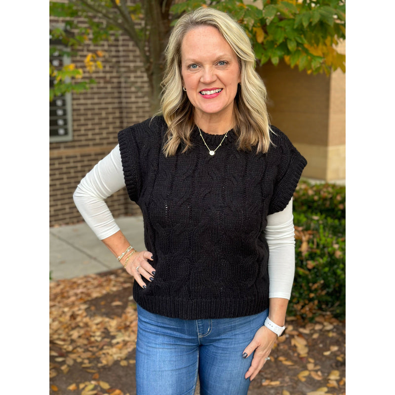 Grace and Lace Cabled Knit Sweater Vest - Black