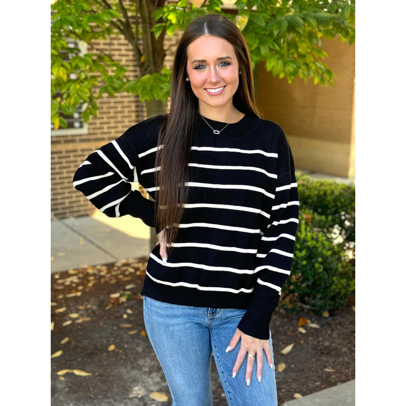 Grace and Lace Crew Neck Striped Sweater -  Black