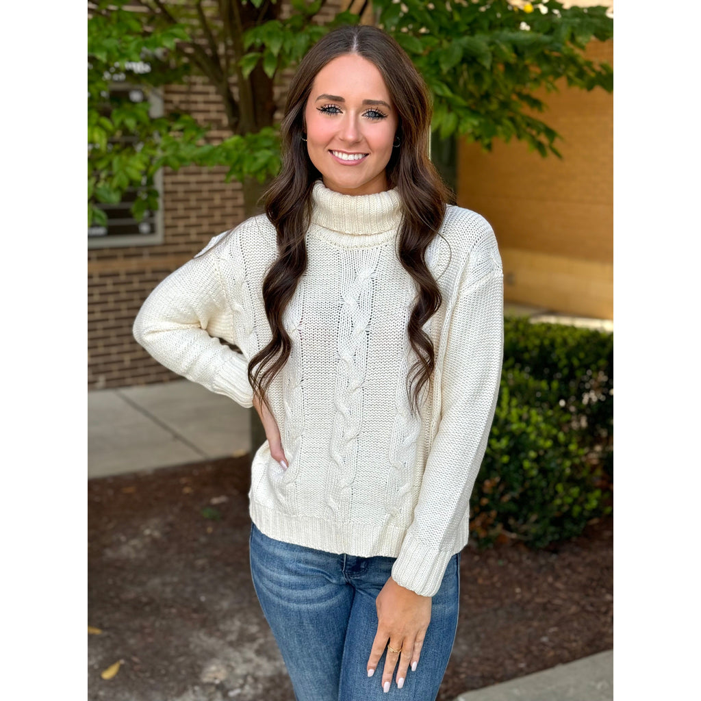 Grace and Lace High Neck Cable Knit Sweater - Ivory