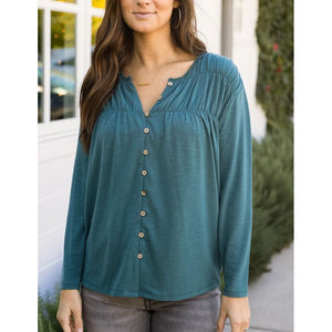 Grace and Lace Button Front Ruched Top - Sea Green