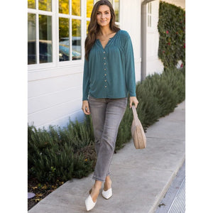 Grace and Lace Button Front Ruched Top - Sea Green