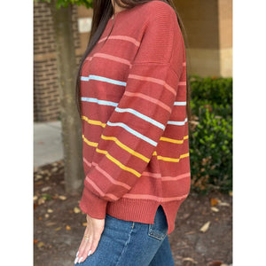 Grace and Lace Crew Neck Striped Sweater -  Terracotta