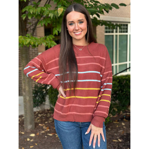 Grace and Lace Crew Neck Striped Sweater -  Terracotta