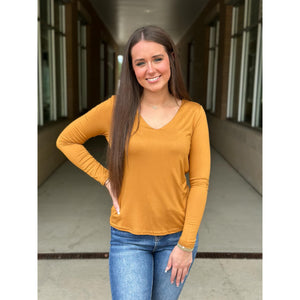 Grace and Lace Modal V-Neck Long Sleeve Tee - Mustard