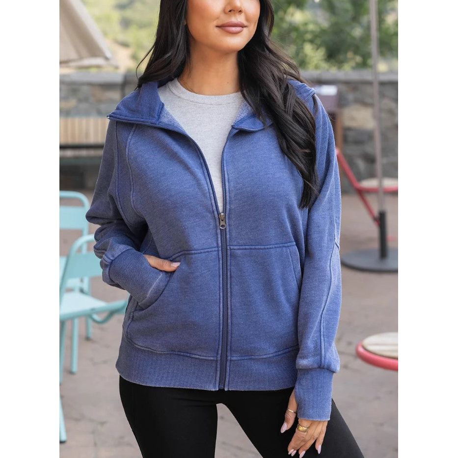 Grace and Lace Vintage Washed Zip Up Sweatshirt - Washed Blue