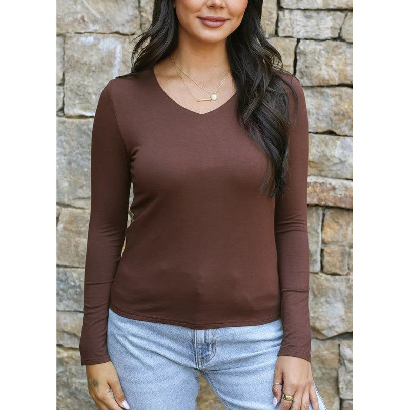 Grace and Lace Modal V-Neck Long Sleeve Tee - Brown