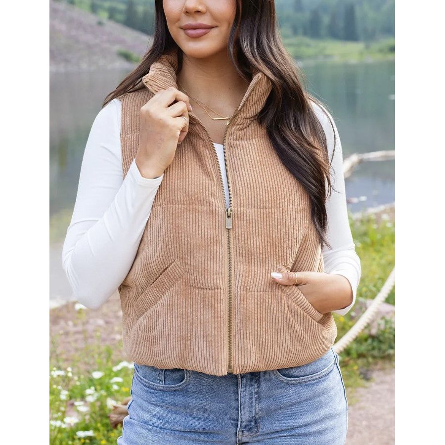 Grace and Lace Corduroy Puffer Vest - Camel