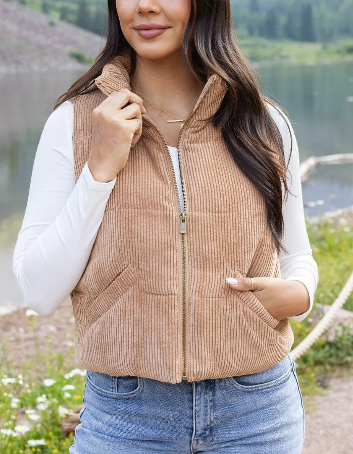 Grace and Lace Corduroy Puffer Vest - Camel