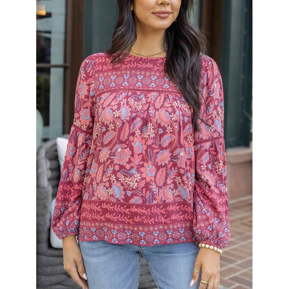 Grace and Lace Daydream Boho Top - Wine Floral