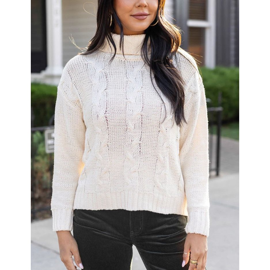 Grace and Lace High Neck Cable Knit Sweater - Ivory