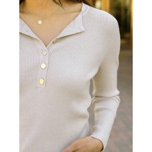 Grace and Lace Ribbed Henley Sweater - Oatmeal