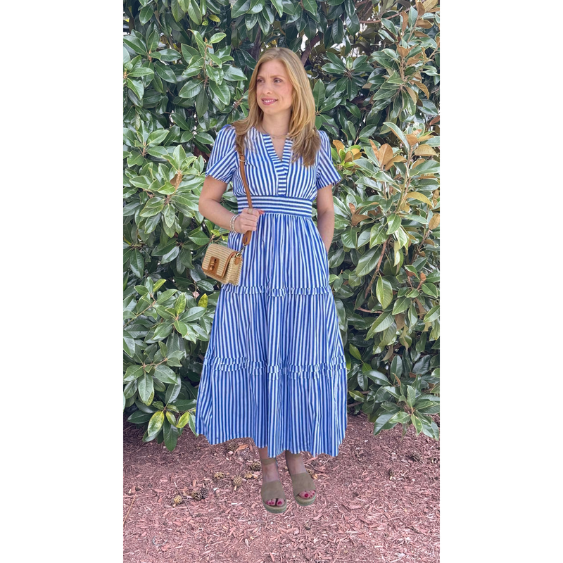 Brandy Striped Palmer Poplin Tiered Maxi Dress - Blue/White