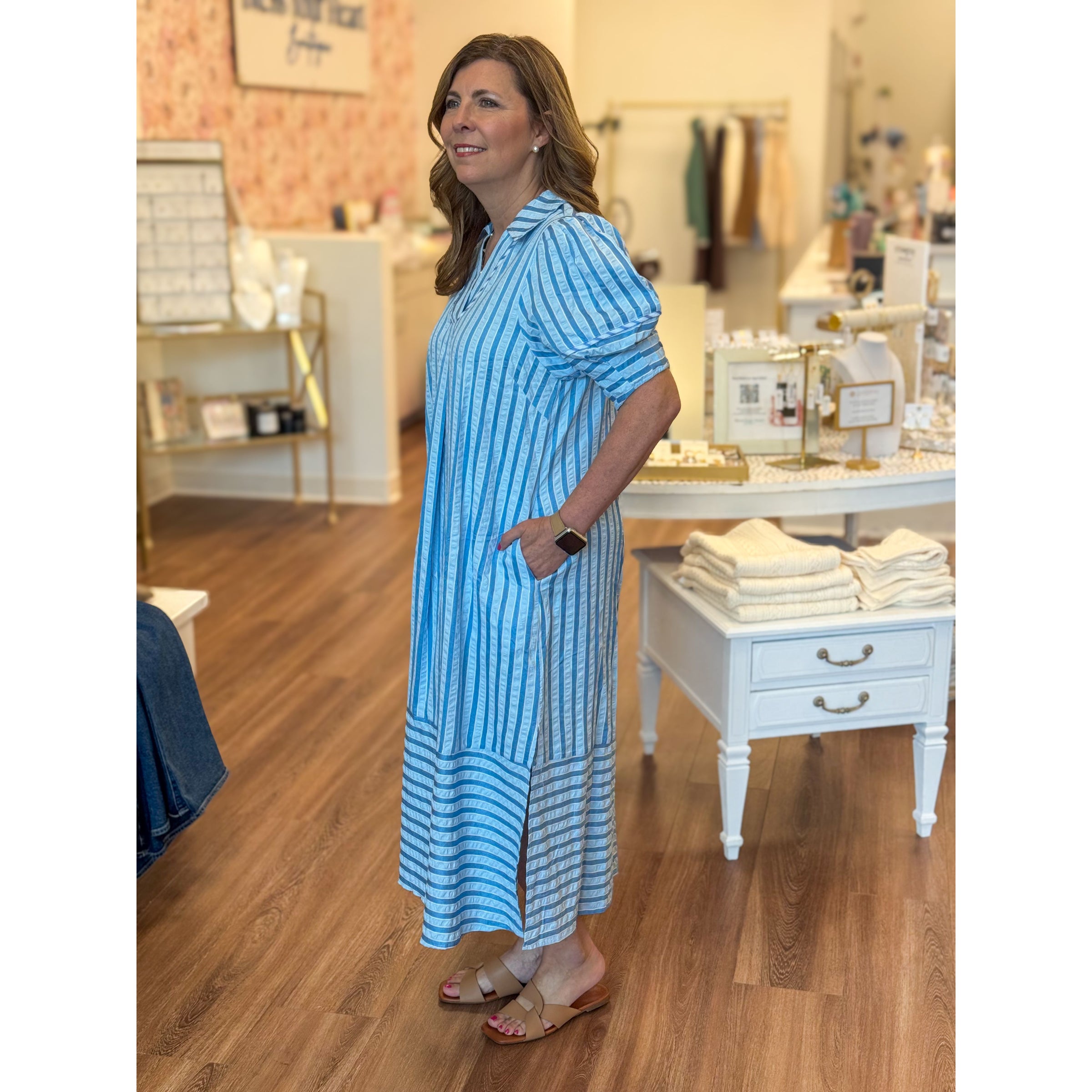Caroline Striped Puff Sleeve Midi Dress