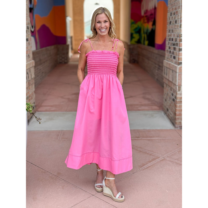 tie strap smocked midi dress Millicent Smocked Tie Strap Midi Dress