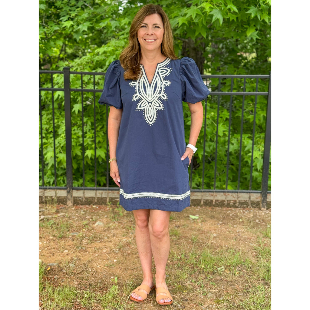 Marley Embroidered Detail Mini Dress - Navy