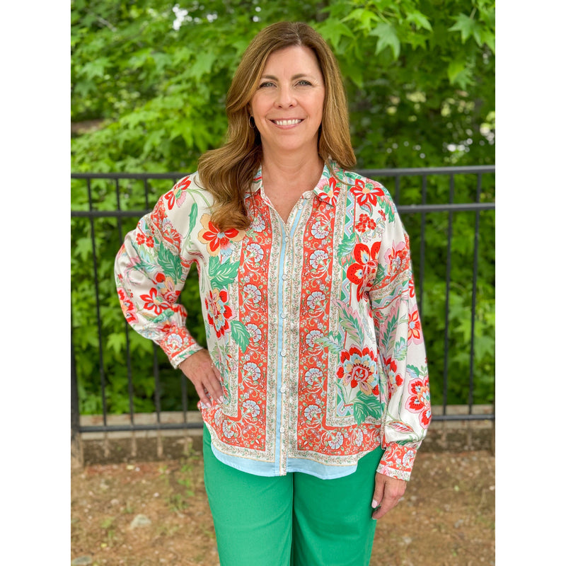 Saige Scarf Print Button Down Shirt - Cream Multi