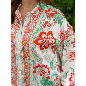 Saige Scarf Print Button Down Shirt - Cream Multi