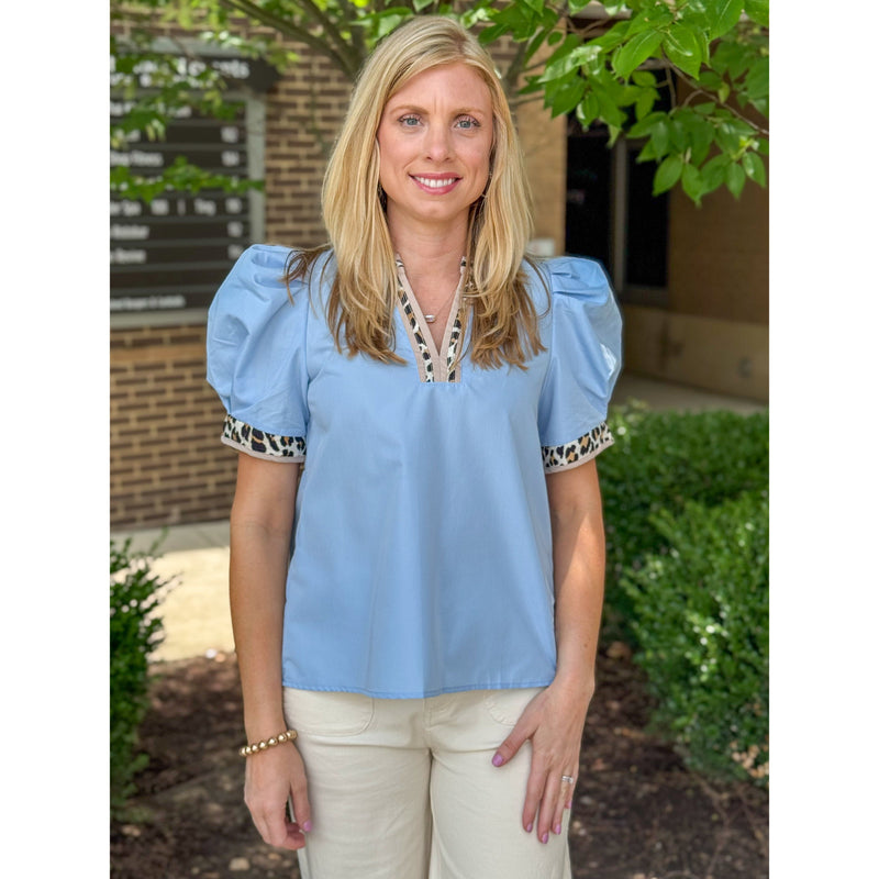 Angela V-neck Top with Leopard Print Accents - Light Blue