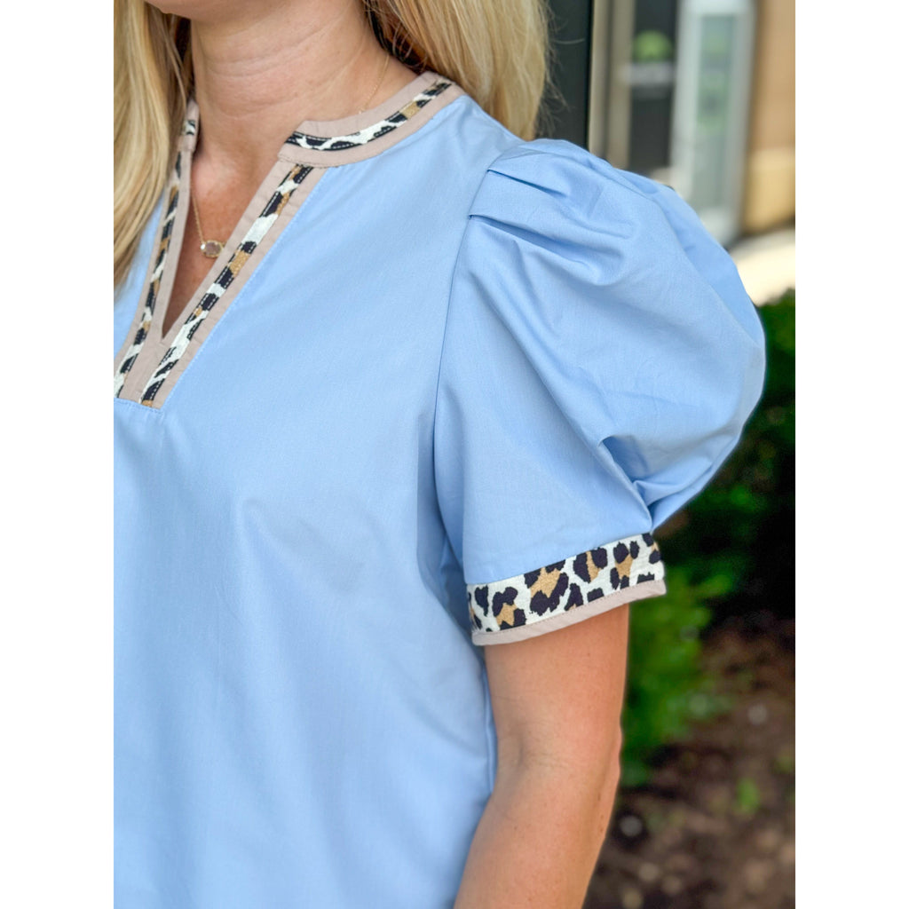 Angela V-neck Top with Leopard Print Accents - Light Blue