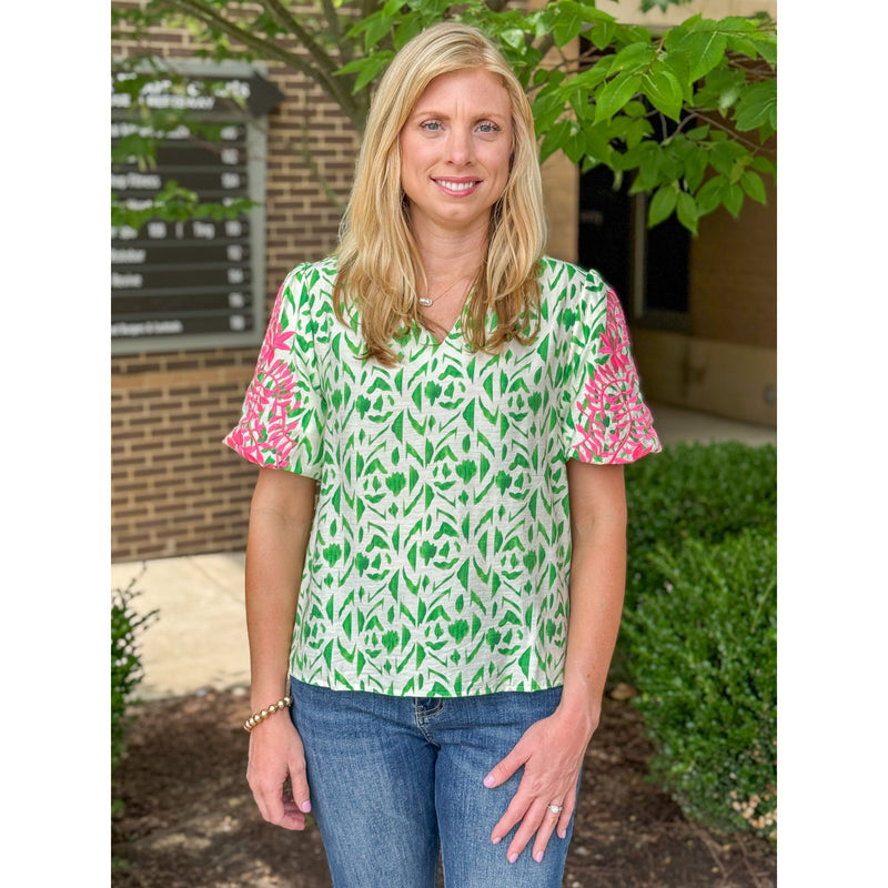 Haven Flower Embroidered Bubble Sleeve Print Top - Green/Pink