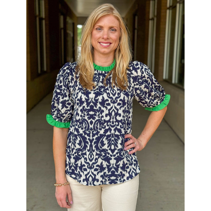 Trina Abstract Print Short Sleeve Top - Navy