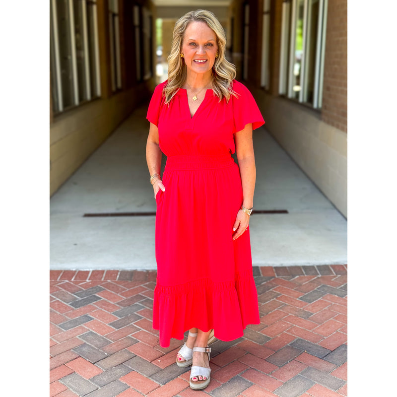 aurelia midi dress Aurelia Flutter Sleeve Smocked Midi Dress – Red Large