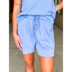 Greta Elastic Waist Shorts - Blue