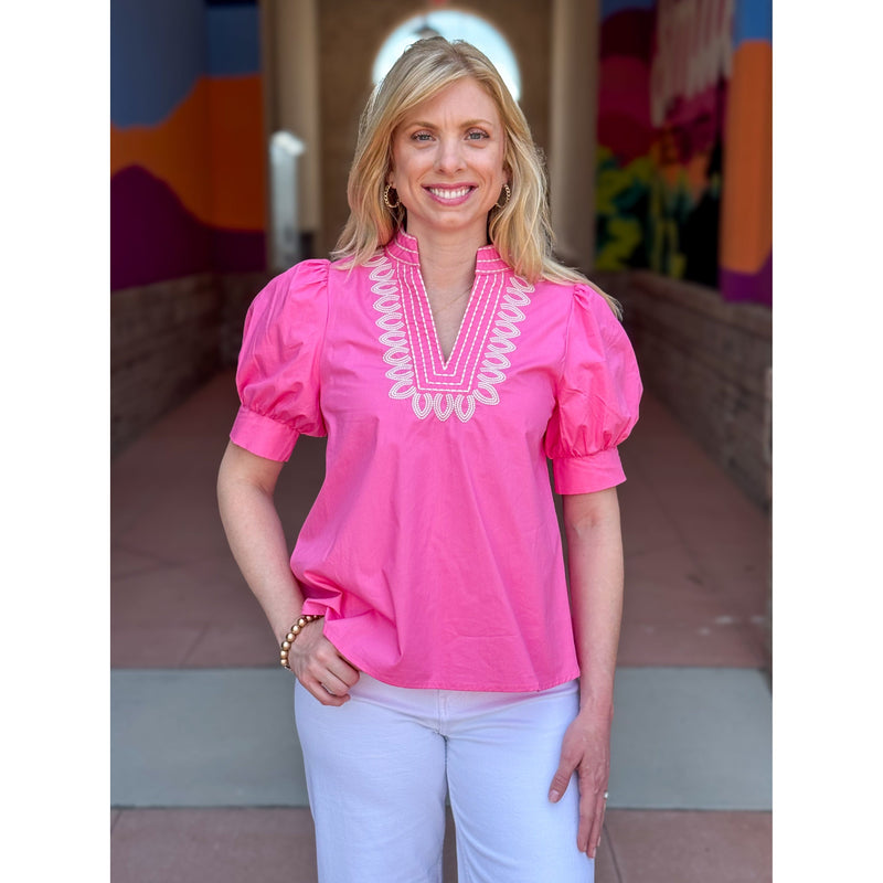 Katelyn Embroidered Puff Sleeve Top - Pink
