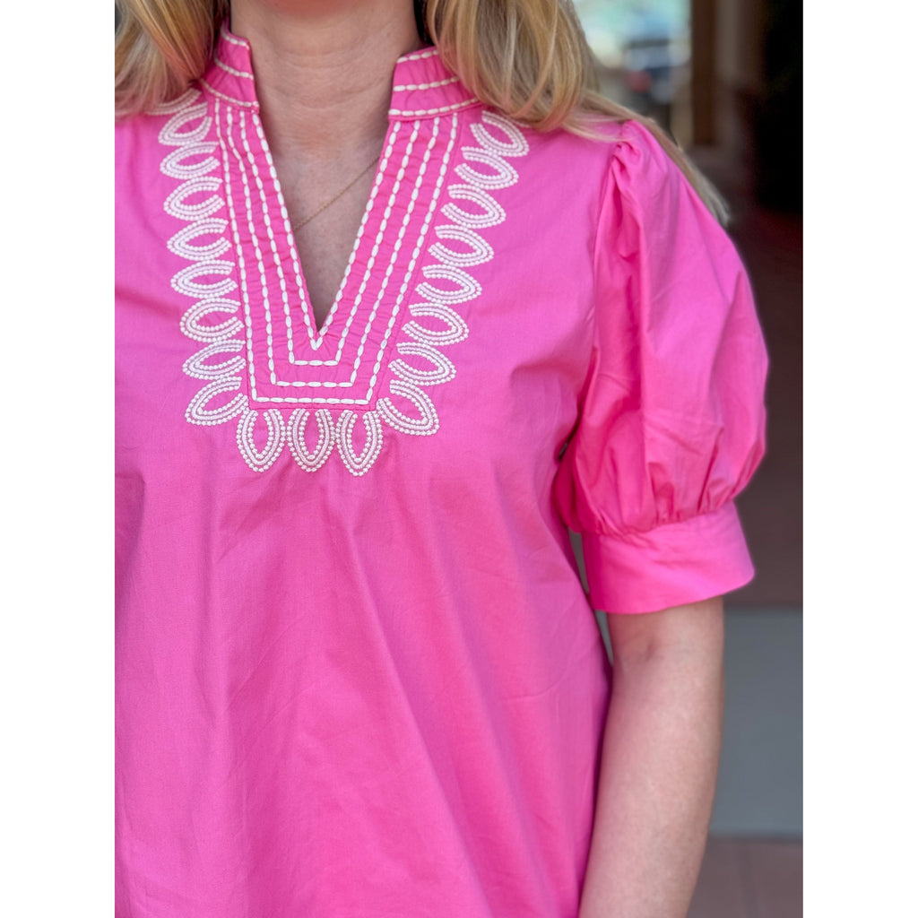 Katelyn Embroidered Puff Sleeve Top - Pink