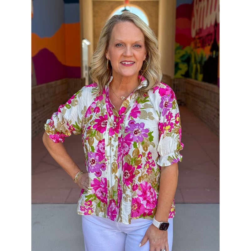 Carly Floral Pintuck Detail Top - Cream/Multi