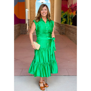 Gabriella Button Down Tiered Midi Dress - Green