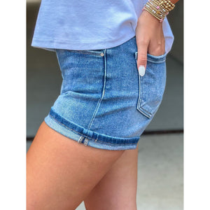 Risen Mid Rise Turn Up Cuff Shorts - Medium Wash