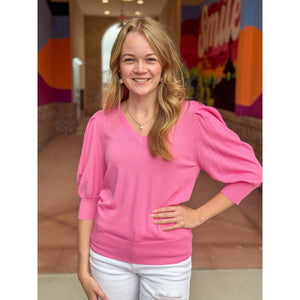 Lyric V-Neck Puff Sleeve Sweater - Hot Pink