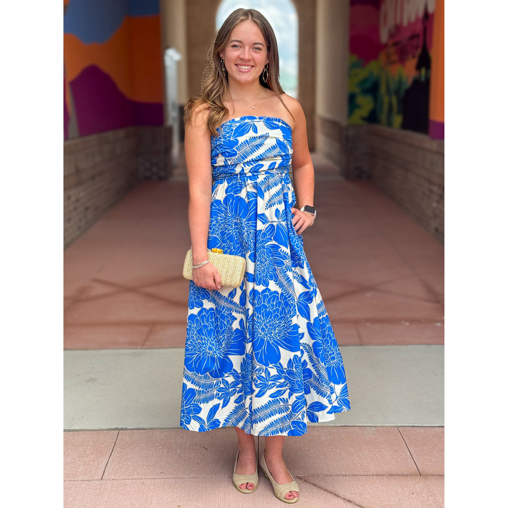 Amelia Strapless Floral Midi Dress - Blue