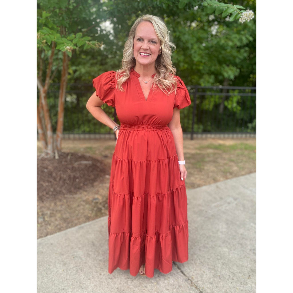 Amberlyn V-Neck Bubble Sleeve Tiered Maxi Dress - Brick