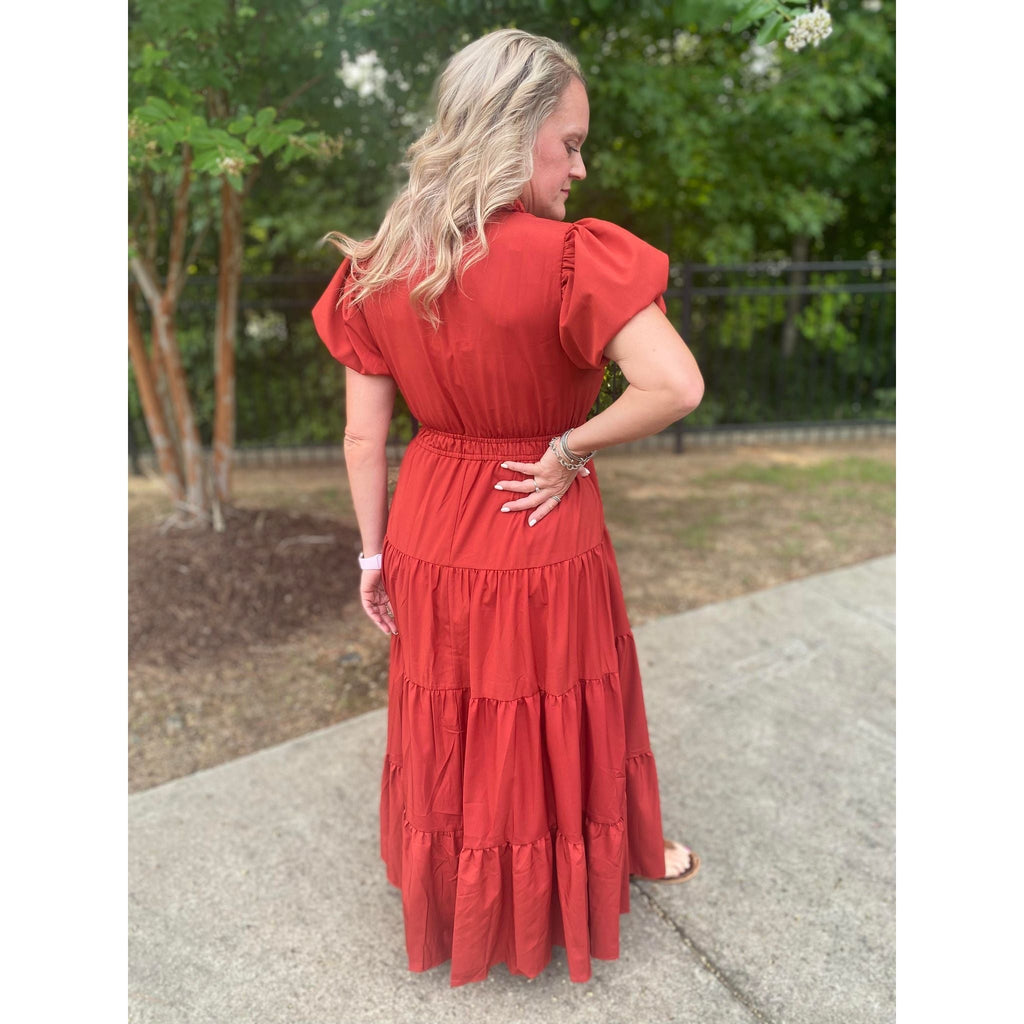 Amberlyn V-Neck Bubble Sleeve Tiered Maxi Dress - Brick