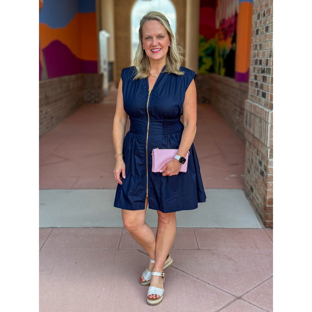 Jacqueline Zip Front Cinched Waist Mini Dress - Midnight Blue