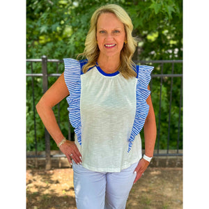 Nadine Striped Poplin Ruffle Sleeve Top - Blue/White