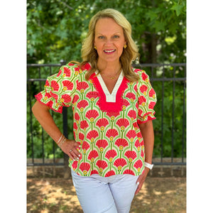 Lacy Scalloped Trim V Neck Top - Coral - FINAL SALE