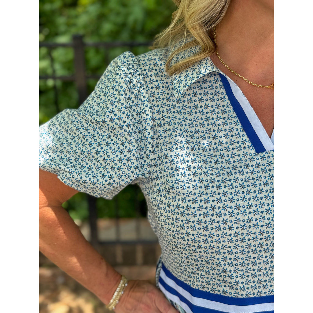 Mallory V-Neck Collared Contrast Print Dress - Blue