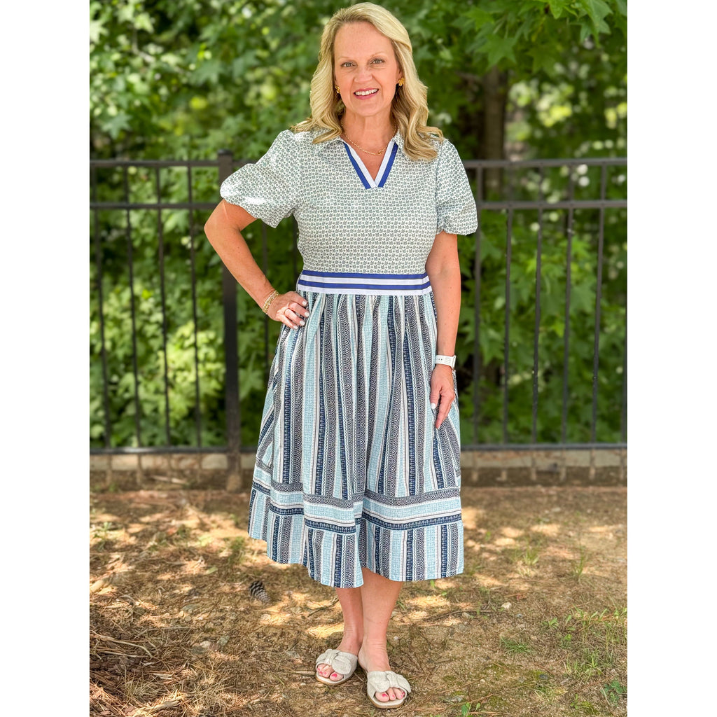 Mallory V-Neck Collared Contrast Print Dress - Blue