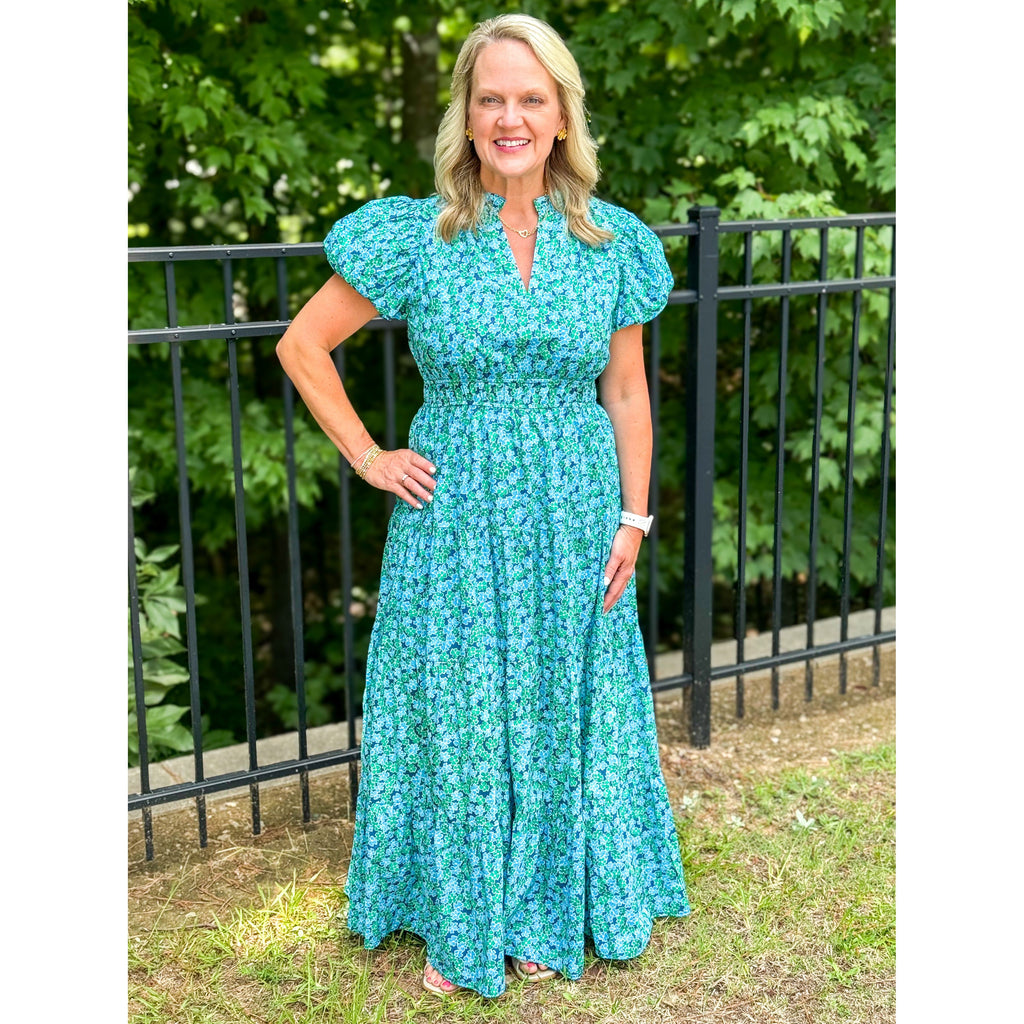 Vivianne V Neck Puff Sleeve Tiered Maxi Dress - Navy Combo