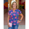Wenday Floral Ruffle Neck Blouse - Blue-Multi