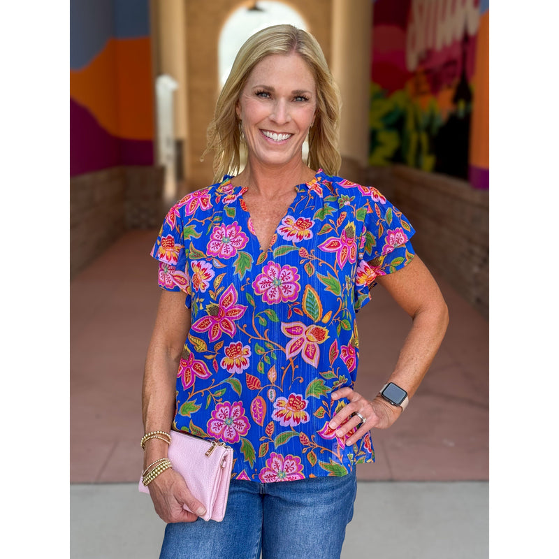 Wenday Floral Ruffle Neck Blouse - Blue-Multi
