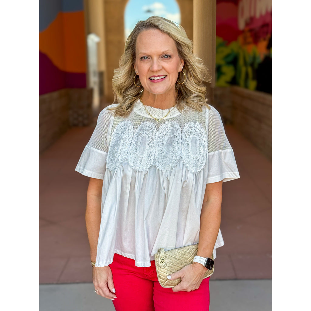 Savannah Applique Mesh Top - White