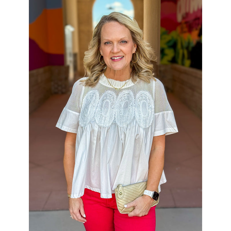 Savannah Applique Mesh Top - White
