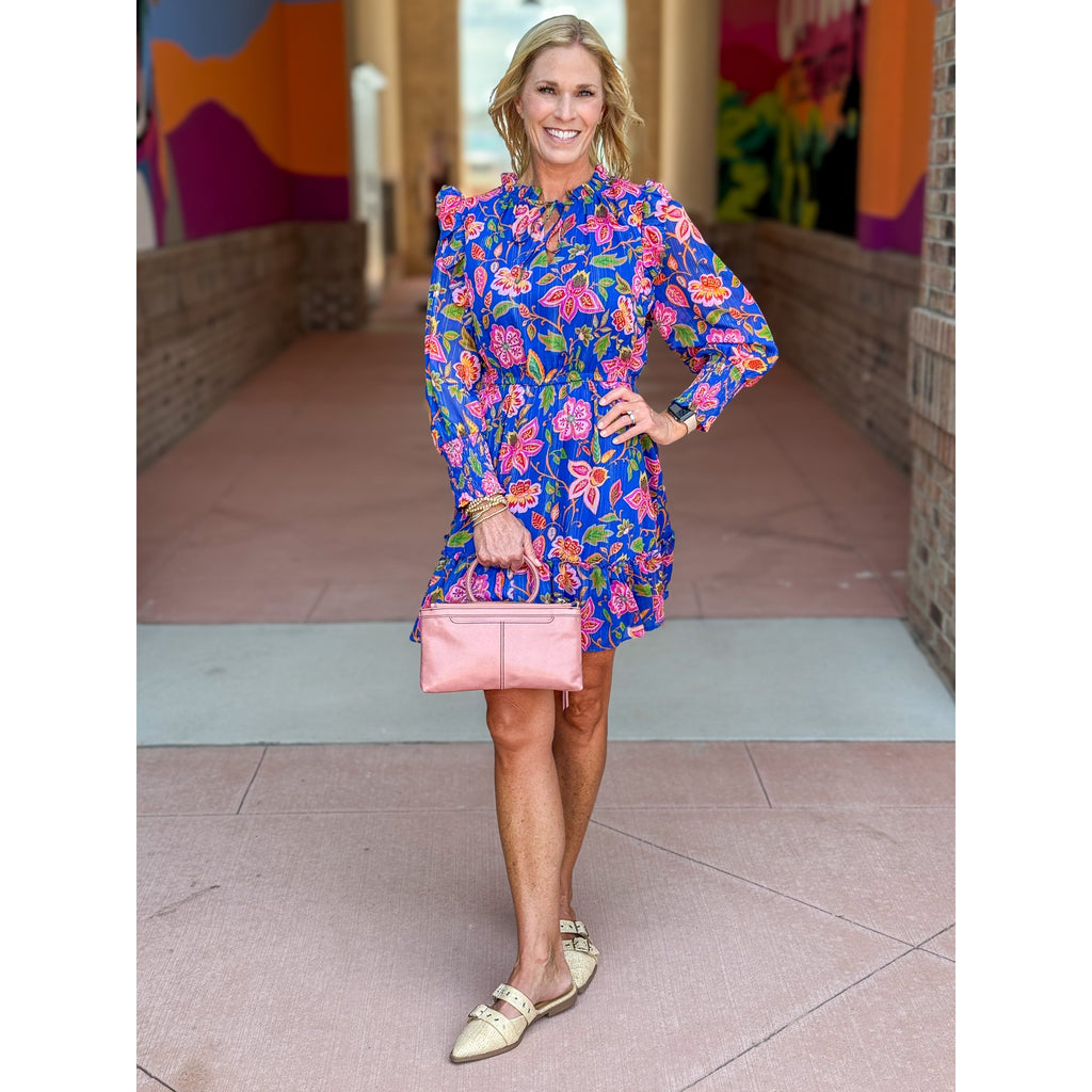 Wenday Floral Ruffle Chiffon Dress - Blue-Multi