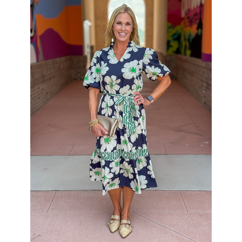 Millie Floral and Stripe Mixed Midi Dress - Navy