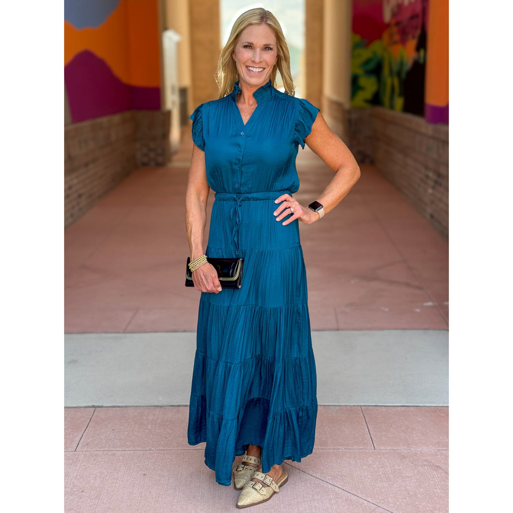 Devyn Satin Tiered Maxi Dress - Teal
